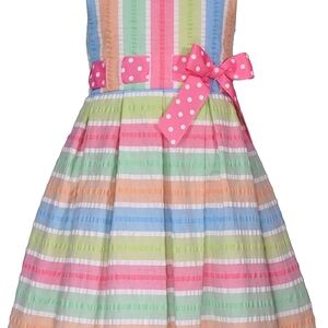 Bonnie Jean Multicolor Striped Dress with Pink Polka Dot Bow
